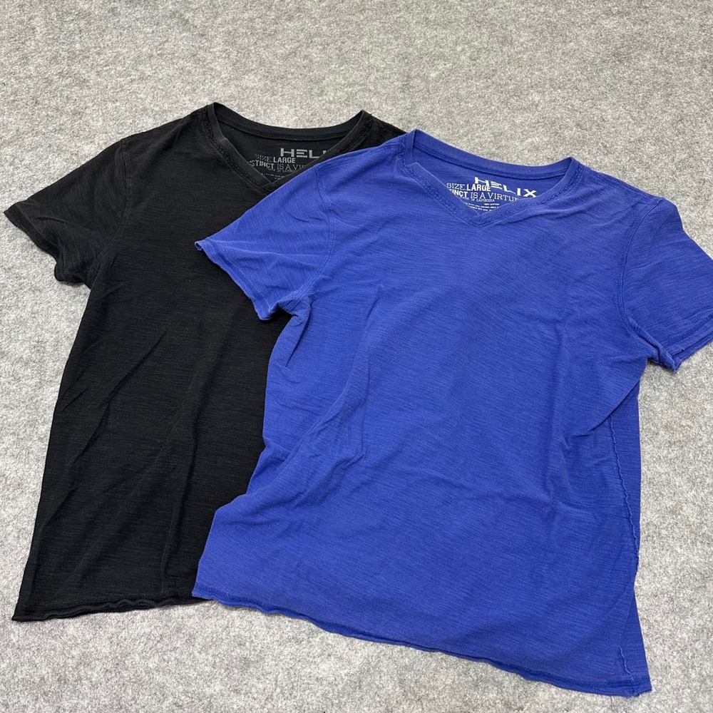 Helix V-Neck T-Shirt Bundle Mens Large Blue Black Slub Knit Cotton Short Sleeve